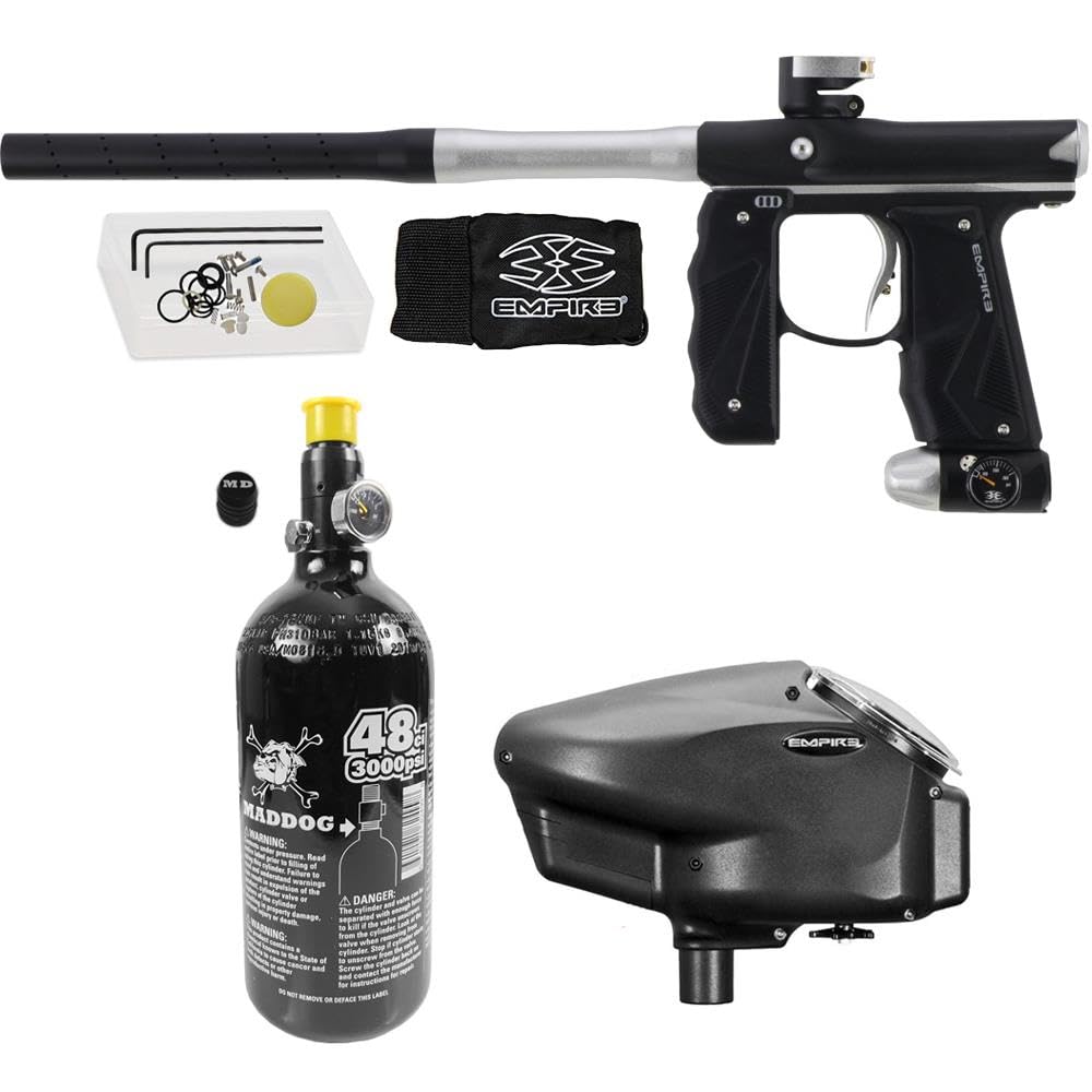 Maddog Empire Mini GS Electronic Full Auto Paintball Gun Marker w/ 48/3000 HPA Paintball Tank &amp; Empire Halo Too Electronic Paintball Loader Starter Package - Dust Black/Silver - 2pc Barrel