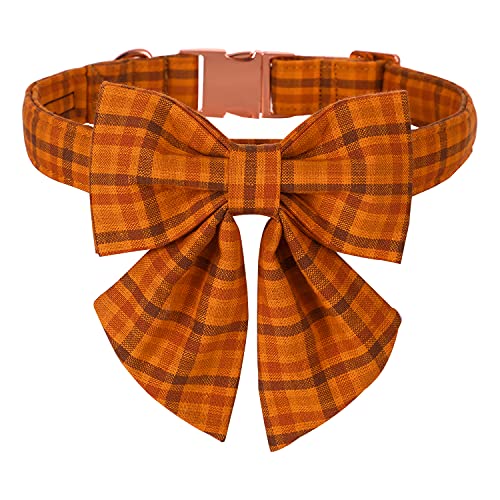 Maca Bates Fall Pumpkin Plaid Dog Collar with Sailor Bow Tie for Extra Extra Small Girl,Boy,Autumn Puppy Collars with Bowtie,Halloween Gingham Print Adjustable Breakaway Soft for Male Female Dogs