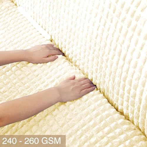 Image of Turkish Bubble Sofa Cover 3 Seater and 2 Seater Fully Covered 5 Seater Sofa Cover Non-Slip Sticky Elastic Stretchable Sofa Set Imported Slipcover Protector (3+1+1 Seater) (Cream)