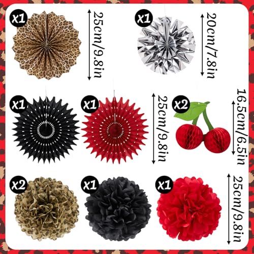 Image of Cheetah Birthday Party Decorations Cherry Print Paper Fans Tissue Pom Pom Cherry Honeycomb Animal Print Birthday Banner Hanging Swirls Red Black Animal Print Party Decoration for Women Girls Birthday