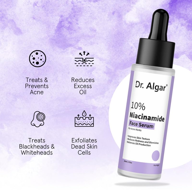 Image of Dr. Algar 10% Niacinamide Face Serum For Acne Marks Fades Blemishes & Dark Spots Oil Control Brightens & Evens Skin Tone All Skin Types For Women & Men