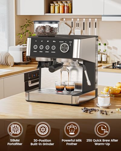 Image of Electactic Espresso Machine with Grinder,Expresso Coffee Machines, Professional Coffee Maker for Latte & Cappuccino with Milk Frother, Expresso Machines for Home,Steam Wand-Black /Silver