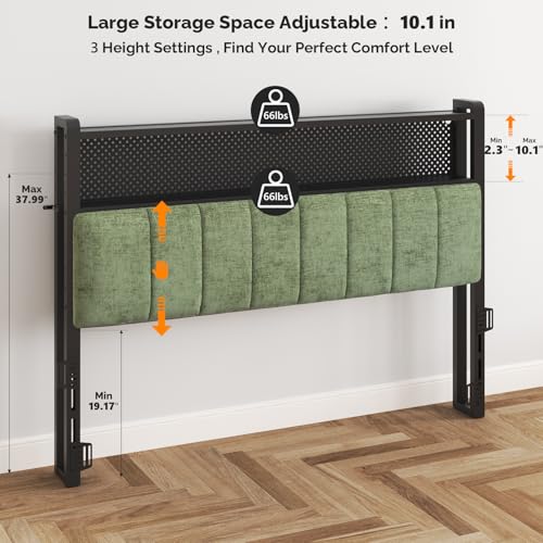 Image of VINGLI Chenille Green Queen Size Headboard for Bed with Storage Bookcase, Upholstered Head Board with Charging Stations and LED Lights, 2 Tier Shelves and Pegboard,Height Adjustable