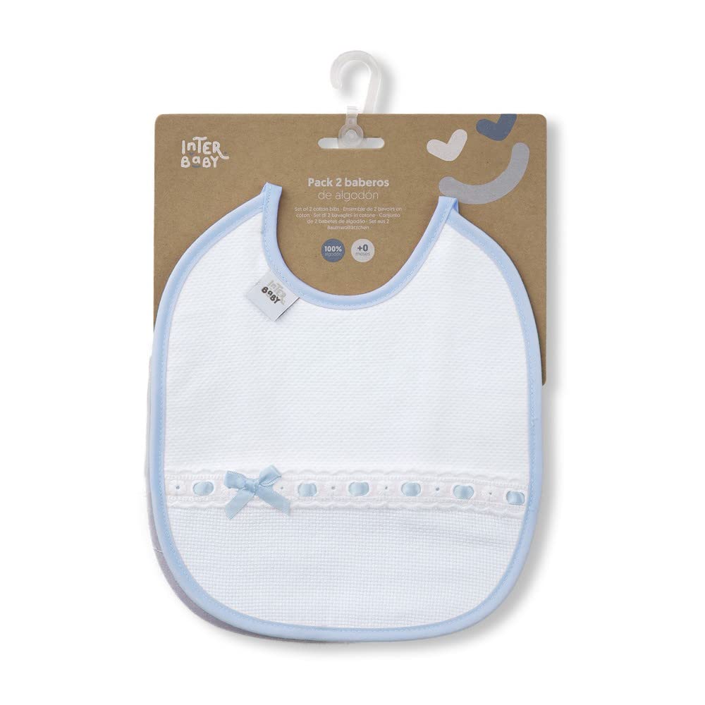 Interbaby Pack of 2 bibs with ribbon loops and embroidered strip in blue and grey