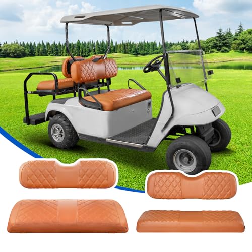 NOKINS 4PCS Golf Cart Diamond Seat Covers Kit Front&Rear Seat Covers Fits EZGO TXT 1994-2013/EZGO RXV Standard Seat Cushion EZGO Vinyl Seat Cover Accessories No Staples(All Brown)