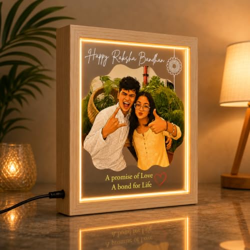 Image of Personalized Raksha Bandhan Acrylic LED Lamp with Custom Photo (Design 6) | Night Light, Brother Sister, Free Rakhi Included, Custom Photo