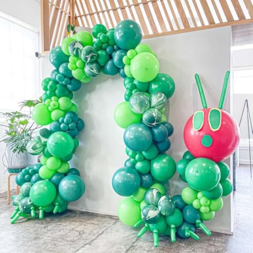 Image of Hungry One Caterpillar Balloon Garland Kit for First Birthday Decorations | Green Caterpillar Shaped Balloons with Fruit Foil Balloons for Picture Book Story Theme Party Summer Baby Shower Supplies