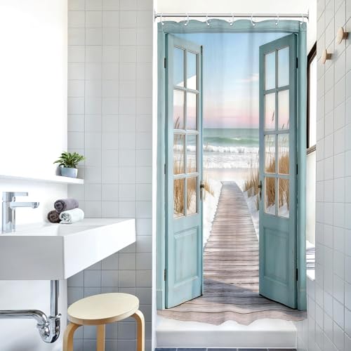 Image of Riyidecor Small Stall Blue Beach Shower Curtain 36Wx72H Inch Ocean Teal Barn Door Rustic Coastal Seaside Scenery Wood Hawaii Summer Beachy Path Bathroom Decor Fabric Polyester Waterproof 7 Pack Hooks