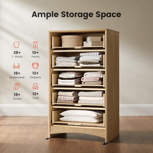 Image of Amada Tall 5 Drawer Dresser, Modern Fluted Vertical Chest with Rounded Corners, Pre-Installed Drawer Slides & Narrow Storage Design for Bedroom or Hallway in Natural Oak