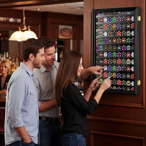 Image of Silipull Challenge Coin Display Case, 28 x 16 Inch Poker Chips Holder Wood Medal Wall Mount Lockable Cabinet Rack Box for Army Navy Air Force Marine Honored Coins