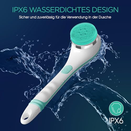 VOYOR Rückenbürste Duschbürste Körperbürste elektrische Rückenbürste langer Griff wasserdicht Aufladbar mit 4 Reinigungsköpfen für Spa Dusche Peeling Massagebürste(Blau)