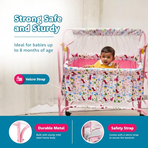 Image of Amazon Brand - Supples Baby Cradle with Swing & Mosquito Net | 0-8 Months | Swing Lock | 4 Wheels with Brake | Soft & Comfortable for Baby Sleep | Sturdy Mild Steel Frame | Pink