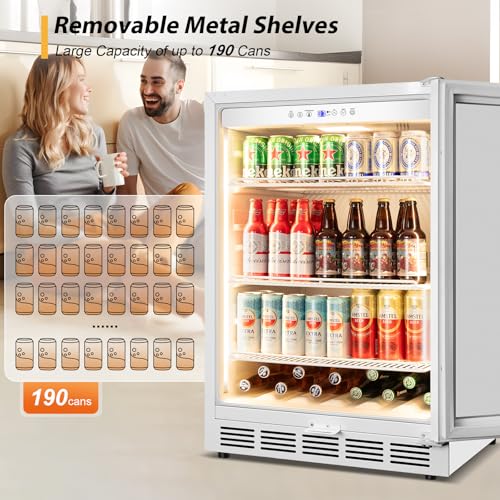 Image of Tylza 24 inch Beverage Refrigerator Glass Door Reversible White | Built-in /free, fast cool, <38dB, temp memory, glass+lock, 37-65F, 190 can