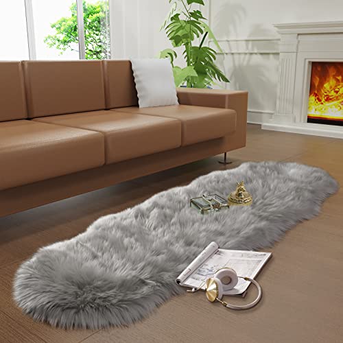 Image of Tangsoo 2x6 Grey Faux Fur Rug,Soft Sheepskin Fluffy Fuzzy Rug for Bedroom