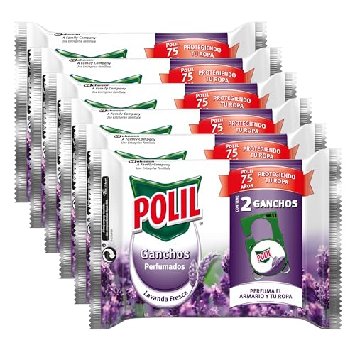 Polil Pastillas Lavanda Fresca, Eficacia Contra Polillas, Perfuma Armarios y Ropa, No Mancha la Ropa, Hasta 2 Meses de Duración, Pack de 6 = 12 Ganchos