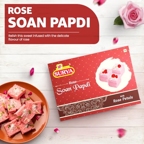 Image of HF, Surya Rose Petals Soan Papdi- 200g | No Added Preservatives or Colours | Delicious Flaky, Melt-in-Mouth Texture Indian Mithai for Festive Gift