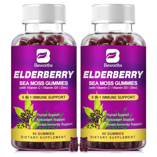 B BEWORTHS (2 Pack Elderberry Gummies & Irish Sea Moss, Organic Sambucus Elderberry Gummy with Seamoss, Zinc, Vitamin C, D3, Multivitamin Elderberry Vitamins - Sugar-Free
