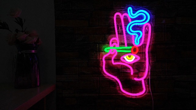 Insegna LED Mano Di Hamsa Con Occhio Evil Eye | Luce Al Neon Rosa E Blu Per Parete, USB, Perfetta Per Camera Da Letto O Sala Giochi