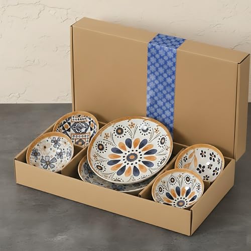ONICORN Ceramic Dinnerware Set, Japanese Asian Cuisine Bowls and Plates for Dinner, Rice, Soup, Dessert, Salad, Gift Box Packed Dinner Set (Blue and Yellow Floral, Pack of 6)