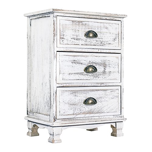 Rebecca Mobili Mesita de Noche Cajonera 3 Cajones Madera Paulownia Blanco Shabby Dormitorio Pasillo (Cod. RE4268)