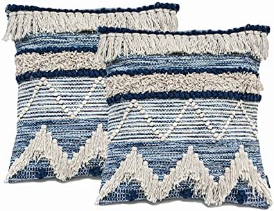 Chardin home–Montego-Handwoven Decorative Throw Pillow Covers (Set of 2). Soft Warm Cotton Woven Square Pillow Covers for Couch Sofa Bedroom, Size: 18”x18”, Color: Blue/Off-White