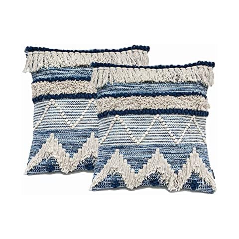 Chardin home–Montego-Handwoven Decorative Throw Pillow Covers (Set of 2). Soft Warm Cotton Woven Square Pillow Covers for Couch Sofa Bedroom, Size: 18”x18”, Color: Blue/Off-White Cover