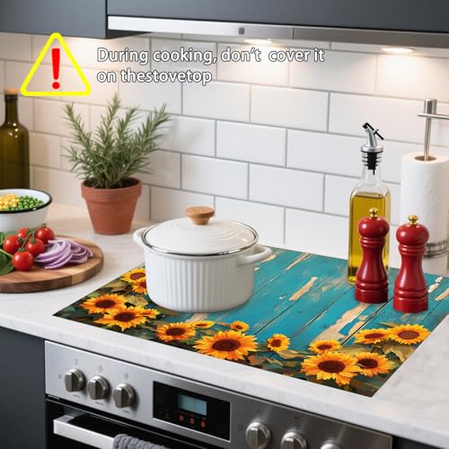 Image of Nuxovilar Wood Sunflower Stove Cover Diatom Mud 28.35x20.47 In | Glass Protector Countertop Mat Counter Saver Cooktop Cover Kitchen Cooking Area Home Decor (Rustic Blue Wood)