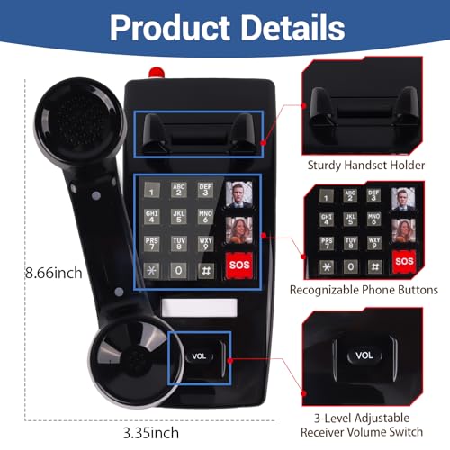 Image of Retro Wall Phone for Home, Landline Vintage Wall Mount Phone with Volume Adjustable & 3 One-Touch Dialing for Seniors, Old Telephone Phones with Mechanical Ringer Indicator for Elderly, Black