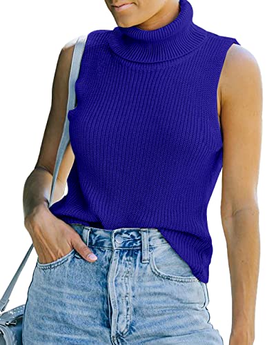 Image of Womens Sleeveless Sweater Vest Turtleneck Ribbed Knit Tank Tops Basic Slim Fit Top