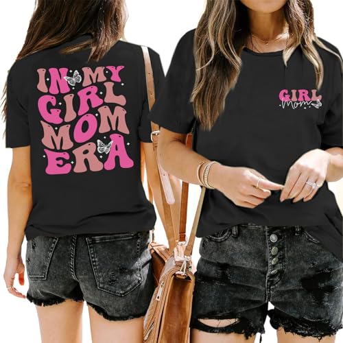 Lubpow Mama Shirts for Women in My Girl Mom Era Shirt Funny Letter Printed Graphic Tees Casual Tops(Black L)