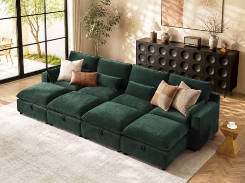 Image of WorthFurni Modern Modular Sectional Sofa,134 inch Sleeper Sofa Bed Sectional Cloud Couch with Storage Ottoman,Comfty 8 Seat Sofa for Living Room,Green Chenille