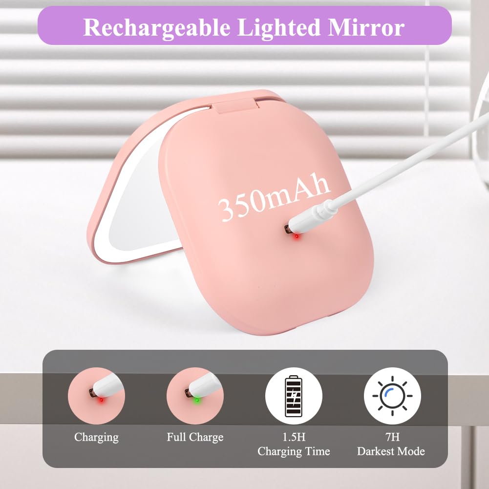 HOTUT Specchio da Trucco con Luce LED,1X/3X Specchio Ingranditore da Viaggio,3 Colori di Luce,Luminosità Regolabile,USB Ricaricabile a Specchi Illuminato Bifacciale,Ideale per Casa e Viaggio,Rosa