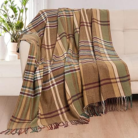 David's Home Tartan Plaid Throw Blanket-Herringbone Fringe Blanket for Couch Sofa-Outdoor Blanket Lap Throw with Decorative Tassels-Farmhouse Style-50x60 Inches-Pumpking Orange Cover