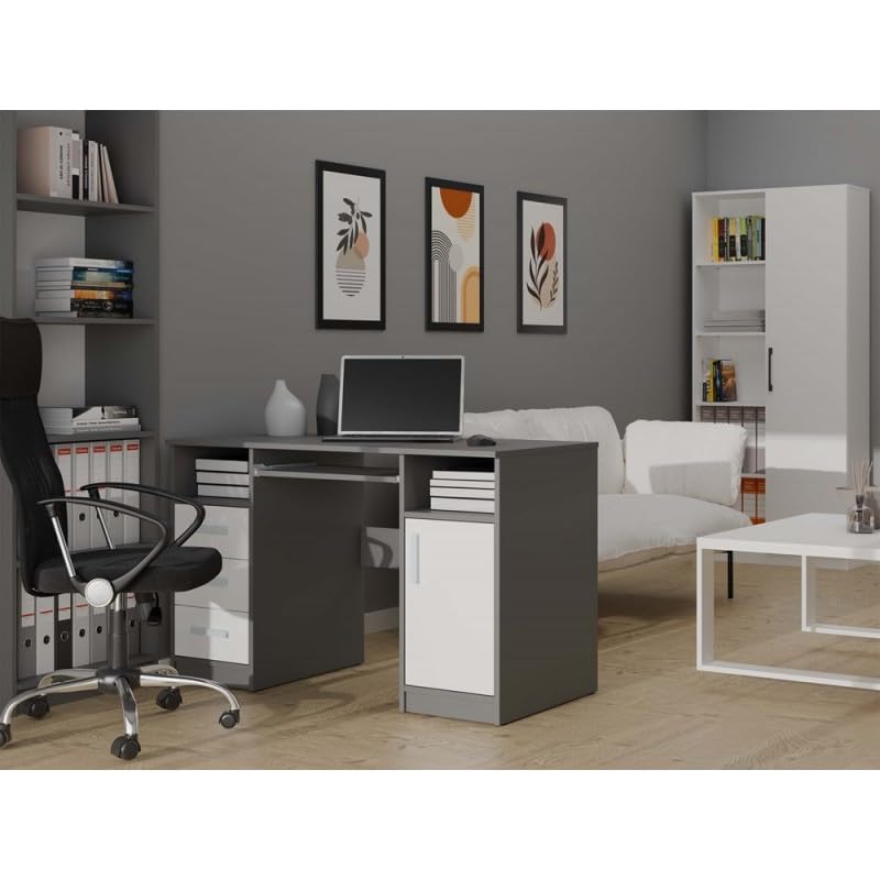 CDF Biurko DELTA ANTRACYT/BIAŁY 120 cm 3 Szuflady Szafka Półki Do Biura Pokoju Na Laptop Stylowy Wygląd Stabilna Konstrukcja Biurko z Dużą Ilością Miejsca Dodatkowy Schowek na Książki Zabawki