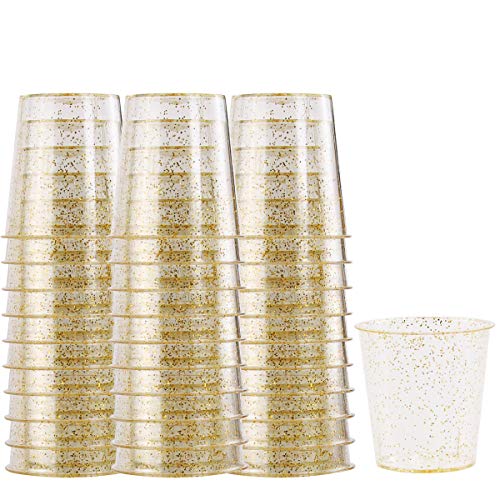 WELLIFE 200 PACK Gold Glitter Plastic Shot Glasses 1 OZ Disposable Clear Party Cups Premium Hard Plastic Shot Cups Perfect Mini Container Ideal for Whisky and Any Food Sample
