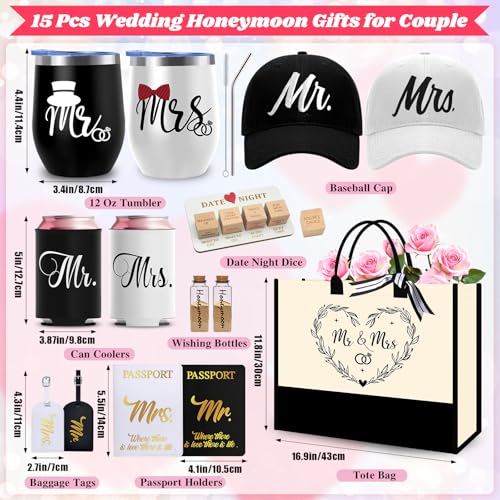 Wedding Gifts for Couple 2026, Personalized Mr & Mrs Gifts with 12 Oz Tumblers Hats Tote Bag Passport Holders Baggage Tags Dice for Honeymoon Travel, Engagement, Newlyweds, Bridal Shower, Anniversary - Image 4