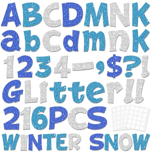 Image of Colarr 216 Pcs Glitter Bulletin Board Letters for Classroom Number Alphabet Punctuation Symbol Cutout 4'' Die-Cut Poster Letter with Adhesive Dot School Party Holiday Decor Display(Winter Color)