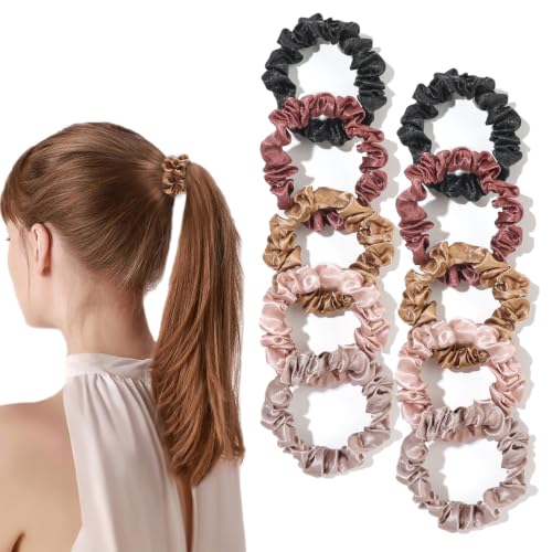 Image of Silk Hair Ties Satin Scrunchies - Small Mini Scrunchy for Women Thick Hair Accessories Cute Soft No Slip Hair Elastics Ponytail Holder for Curly Hair No Damage Hairties Gift for Girls
