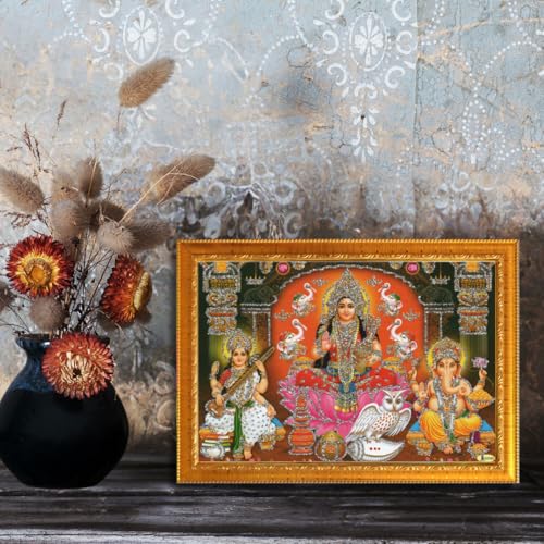 Image of CRAFT QUEST Lakshmi Devi with ganesh ji and saraswati mata Wall Painting Photo Frame for Diwali Pujan (Synthetic, Golden, Sparkle Finish, Small Size, 8 X 6 Inch)