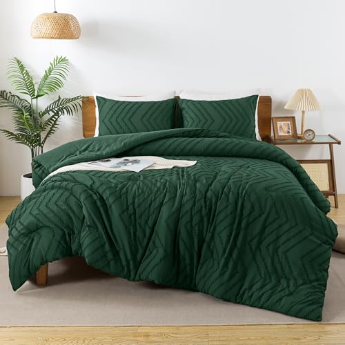 Image of Andency Emerald Green Comforter Set Full Size, Boho Dark Green Soft Warm Bedding Comforter Sets for Full Bed, 3 Pieces Forest Green Vintage Chevron Tufted Aesthetic Comforter Set