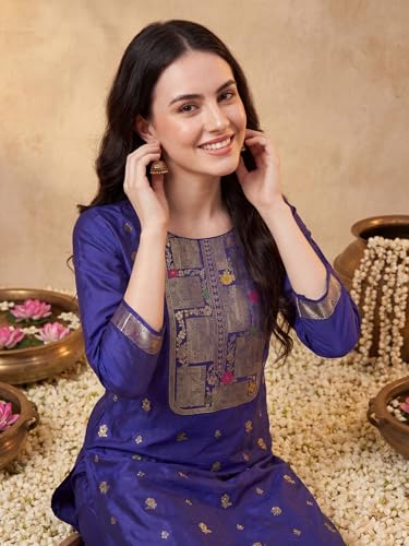 Image of INDO ERA Women's Straight Silk Blend Ethnic Motifs Printed Kurta & Pant With Dupatta Set (IESTR10385)
