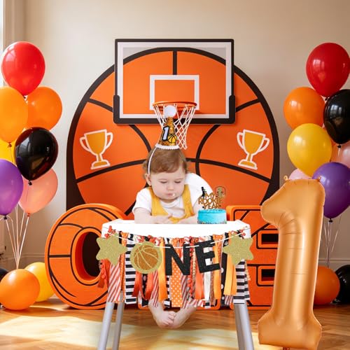 Image of Basketball Highchair Banner for First Birthday Party Decorations | My 1st Rookie Year Basketball Fabric Banner for Boys Black Orange High Chair Banner for One Birthday Backdrop Decorations