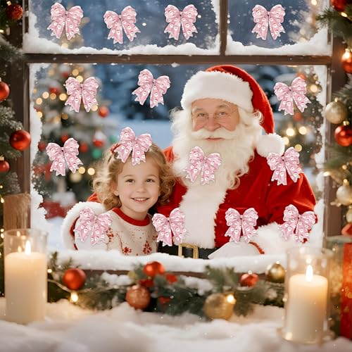 Image of Christmas Snowman Pink Bow Cutouts - 100Pcs Winter Glitter Bow Snowman DIY Paper Cuts Party Decors Bowknot Shape Cutout Bulletin Board for Winter Xmas Birthday Party Classroom Home Decoration
