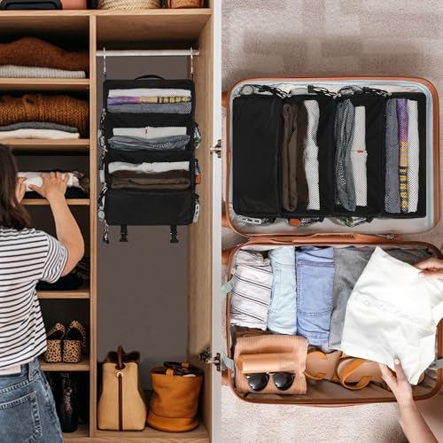 Surblue Travel Hanging Packing Cubes with 2 Hooks Hanging Shelves for Luggage Organizers Portable Compression 4 Shelf Closet Carry-on Suitcases Organizers, Medium, Black2