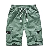  Onsoyours Homme Short Cargo Eté en Coton Pantacourt Décontracté Pantalon De Travail Court avec Multi-Poches Pantalon De Loisir Casual Sport sans Ceinture A Vert Herbe M