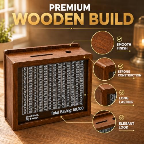 Image of PulGos Wooden Money Saving Box with Marker|50,000 Goal Counter Piggy Bank