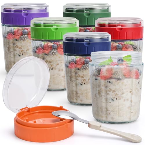 Image of EONJOE Overnight Oats Containers with Lid and Spoon - 16oz Glass Mason Jars for Meal Prep, Yogurt,Pudding- Set of 6