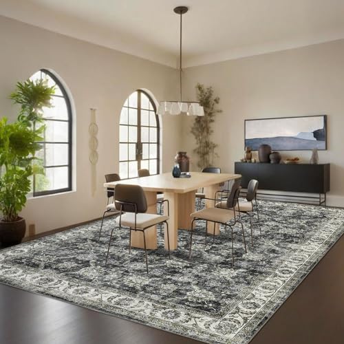 GarveeHome Area Rug 8x10 Washable Living Room Rug Non Slip Distressed Floor Cover Foldable Low Pile Traditional Accent Rug Floral Print Soft Throw Carpet for Bedroom Dining Room Office, Grey