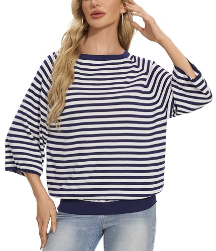 Image of Betu Women Striped Crewneck Batwing 3 /4 Sleave Fall Oversized Ribbed Knit Pullover Sweaters, 520 S