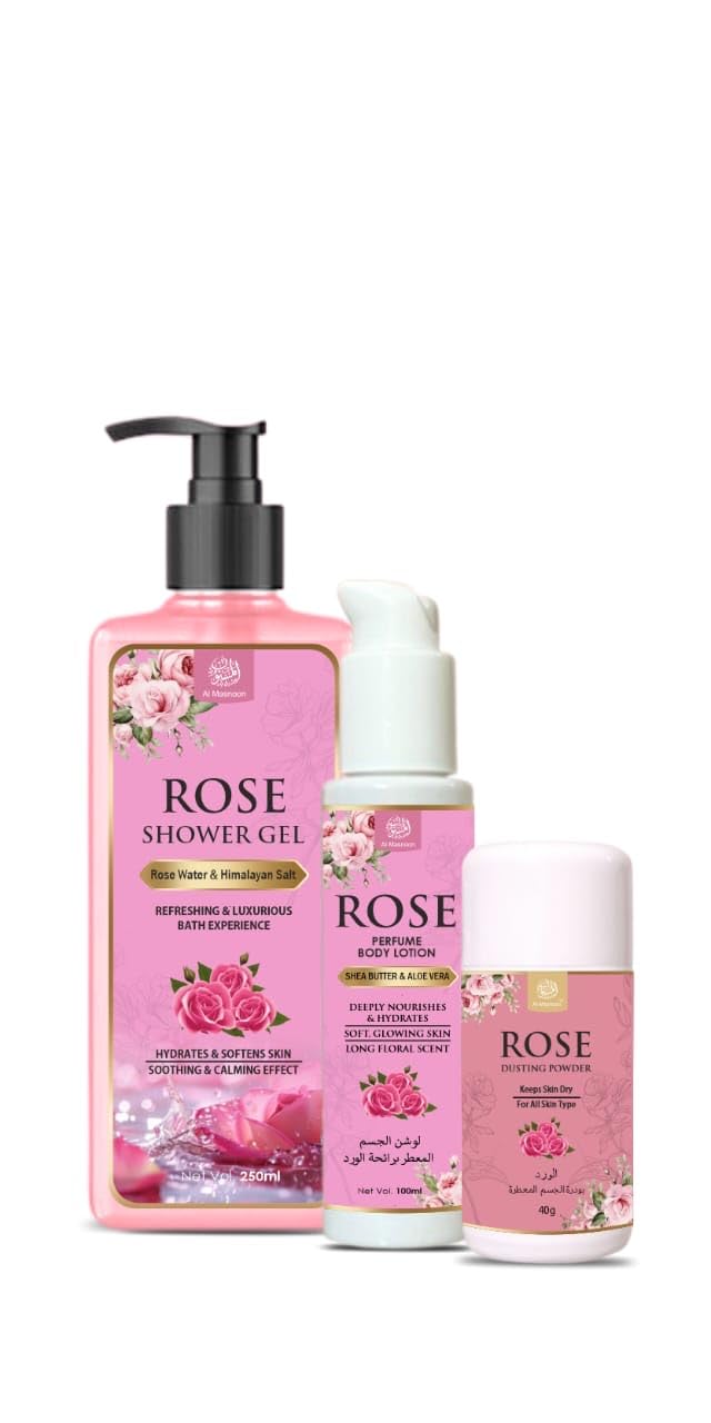 AL MASNOON Rosse Body Care Kit | Combo of Rosse Shower Gel (250ml), Body Lotion (100ml), Dusting Powder (40g) | Rosse Essential Oil & Natural Ingredients | Complete Floral Skincare Pack-image-7
